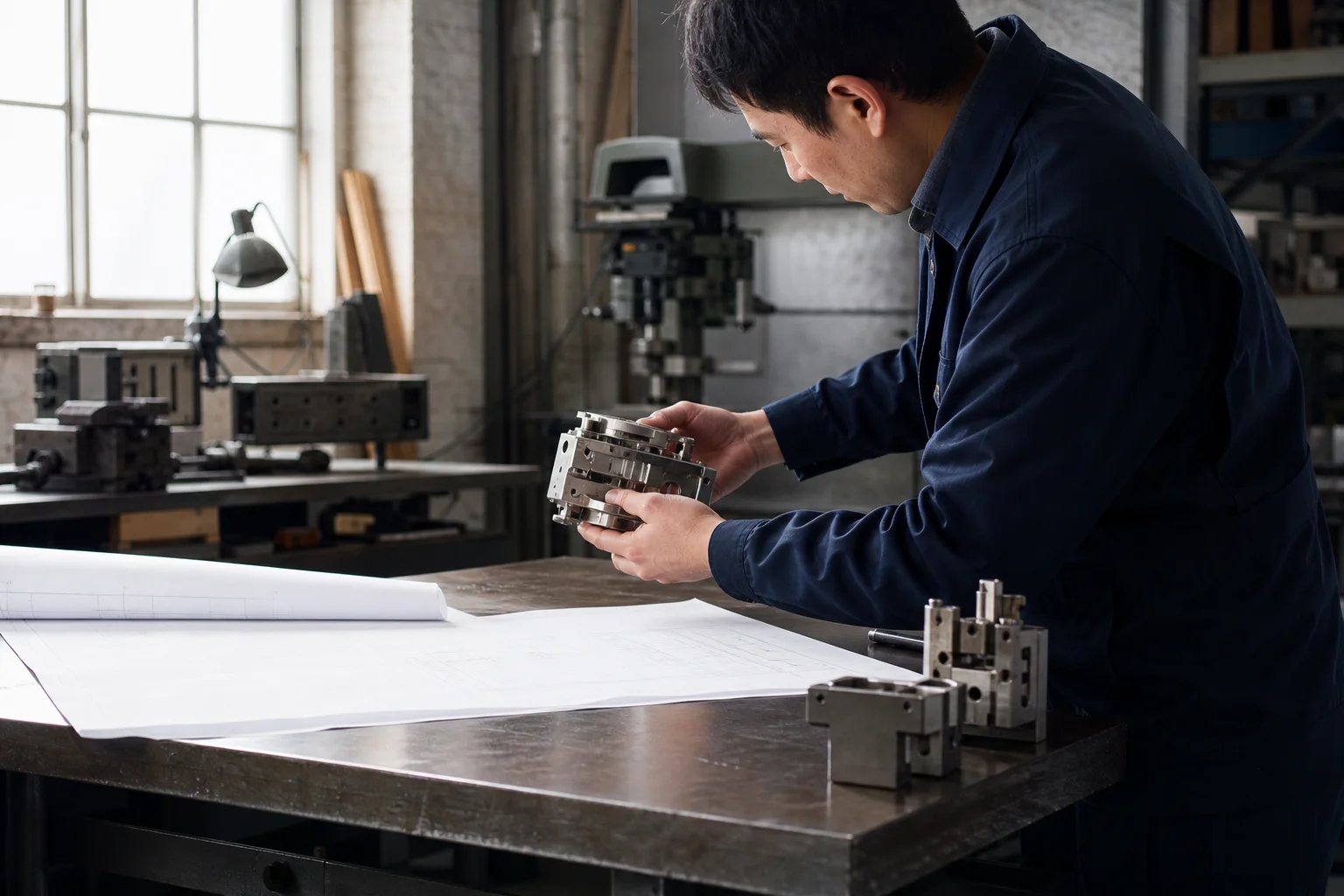 An engineer examines a machined component beside technical drawings in a workshop.