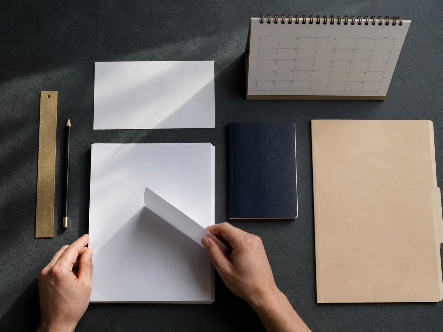 Hands turn a blank page beside a calendar, notebook, ruler, and folder on a dark desk.
