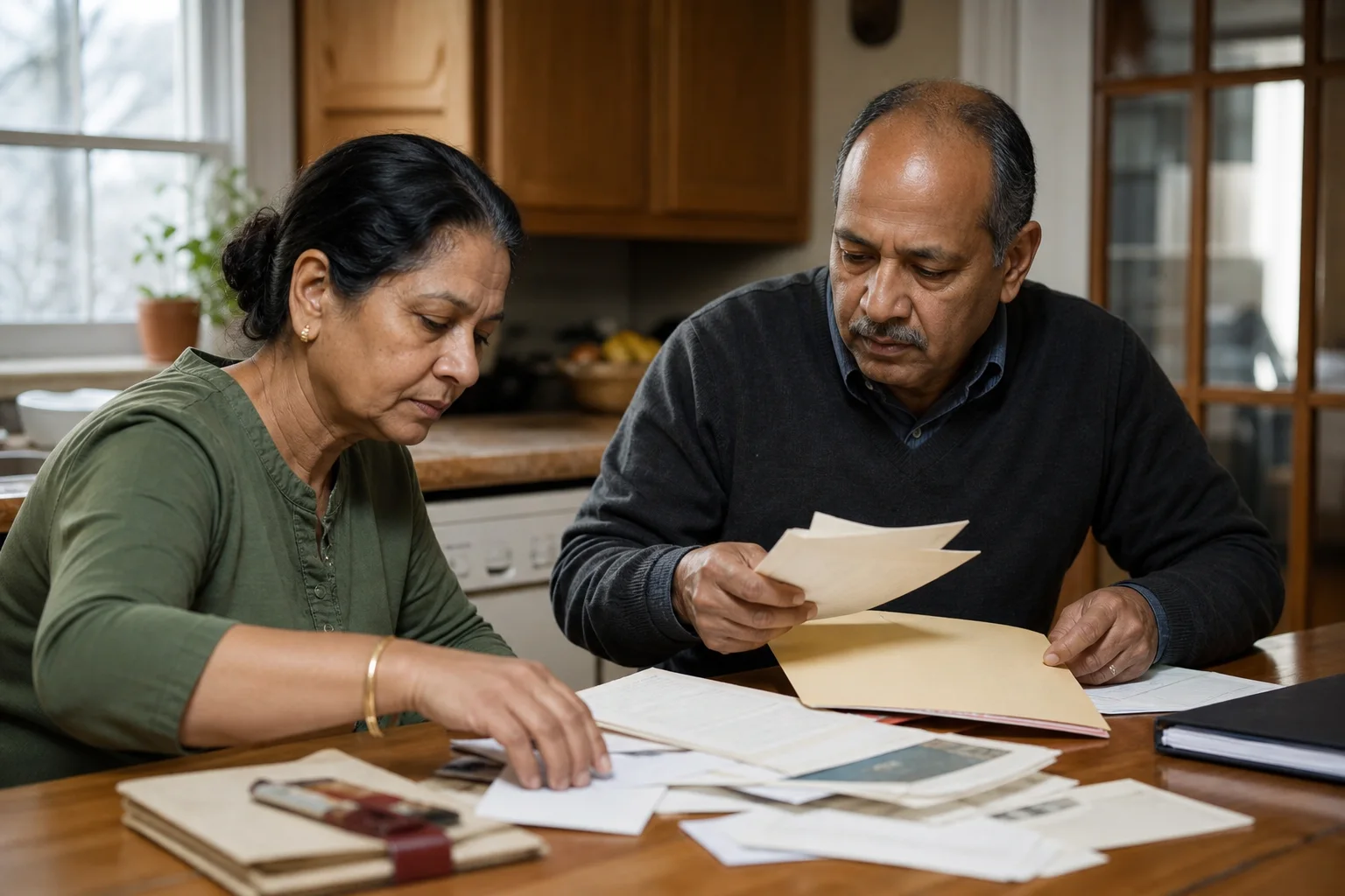 A couple sorts a stack of paper records at a kitchen table.