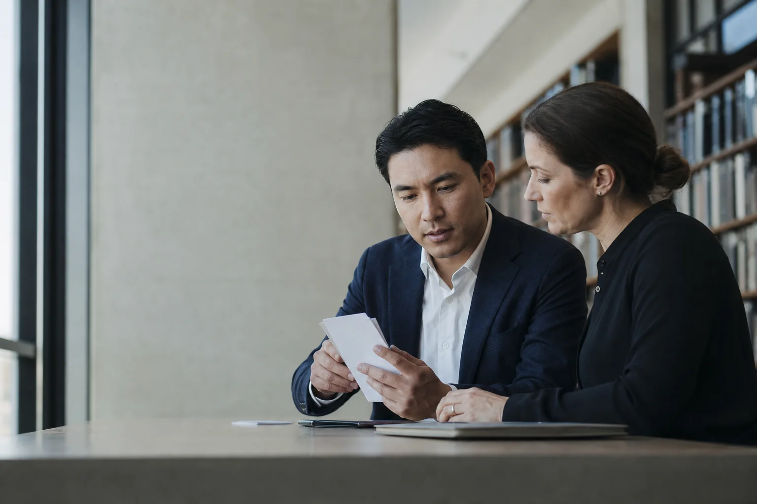 Two people review a document together at a library table.