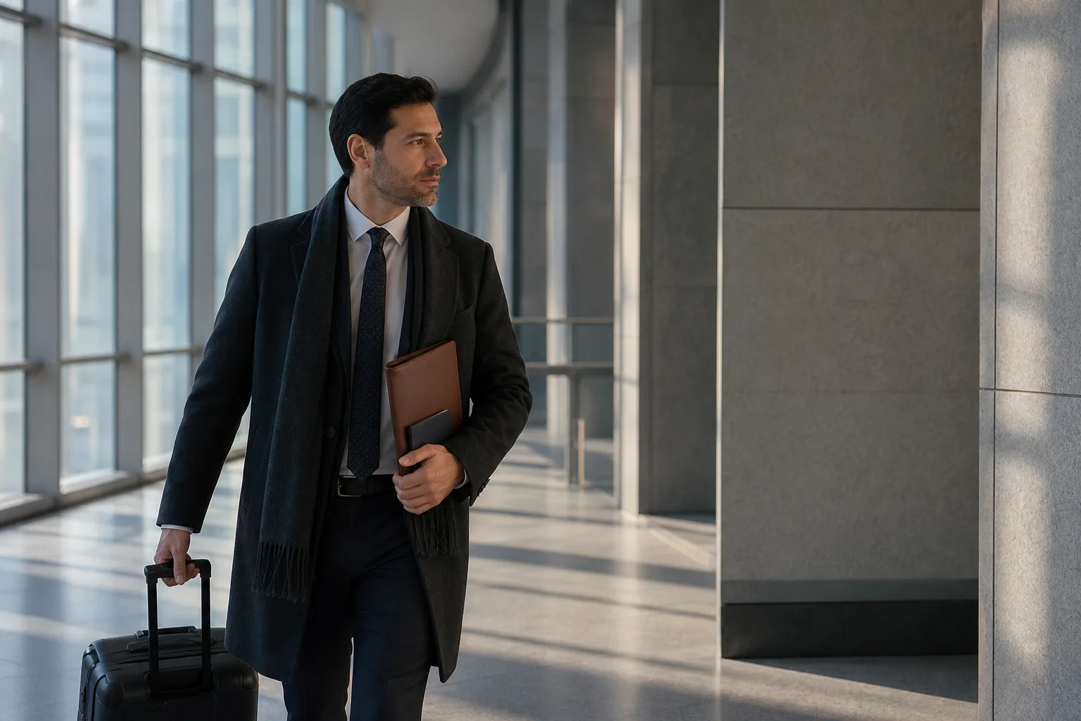 A suited traveler walks through a bright terminal carrying a portfolio and pulling a suitcase.