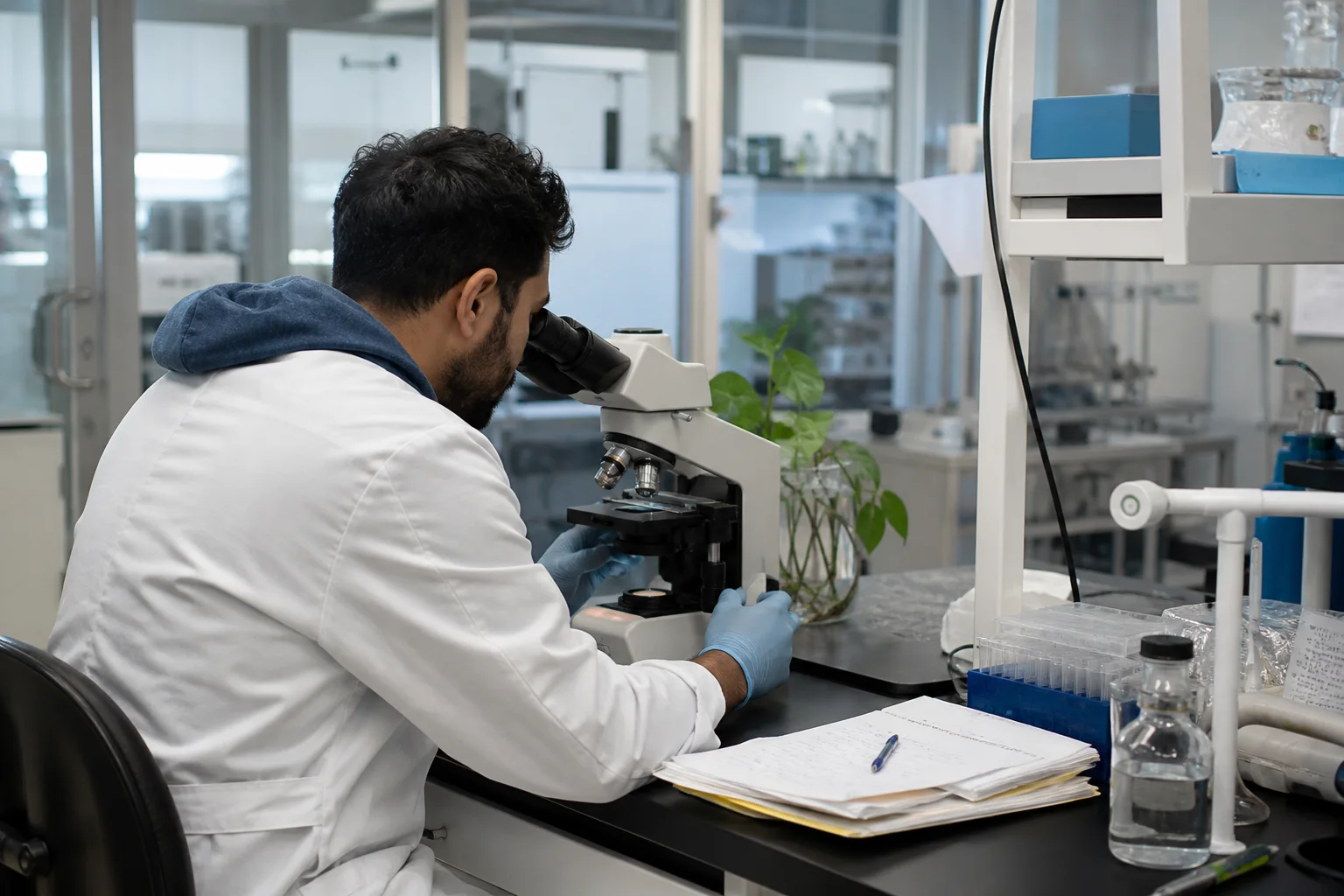 A researcher in a white coat works at a microscope in a laboratory.
